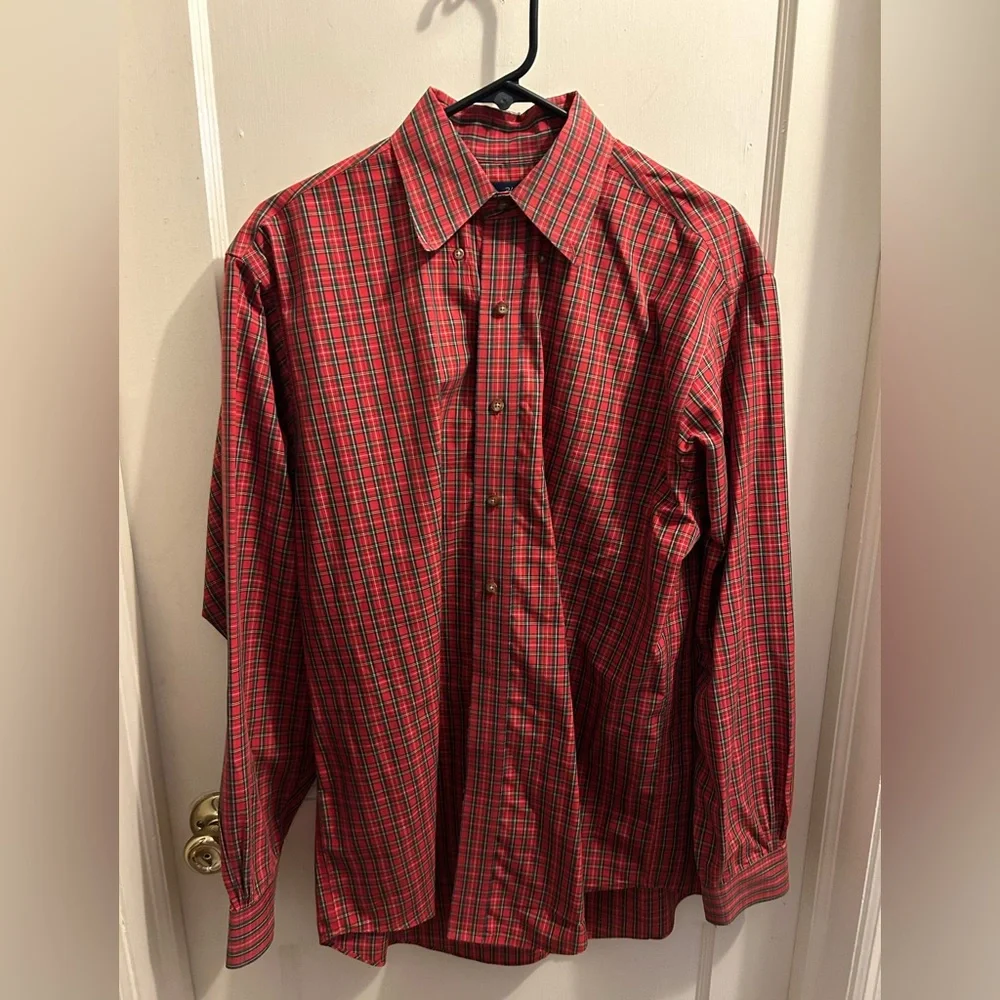 Brooks Brothers 346 men's red plaid non-iron button-down shirt size M‎ Christmas